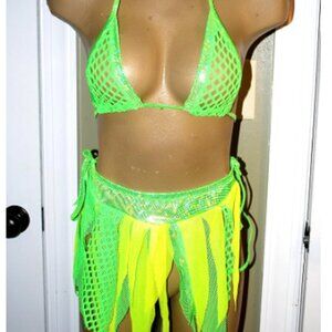 OOAk Exotic dancer green fairy costume, neon greens, hologram and sheers